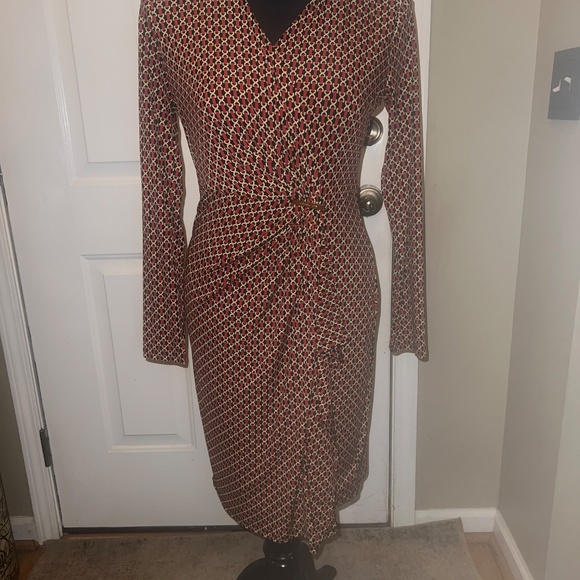 Michael Kors Red Gold Black Chain Print Long Sleeve Dress - Picture 2 of 15